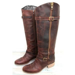 NEW CHARLES DAVID ITALY BROWN GENUINE LEATHER LOW HEEL WOMENS ZIP TALL BOOTS 8
